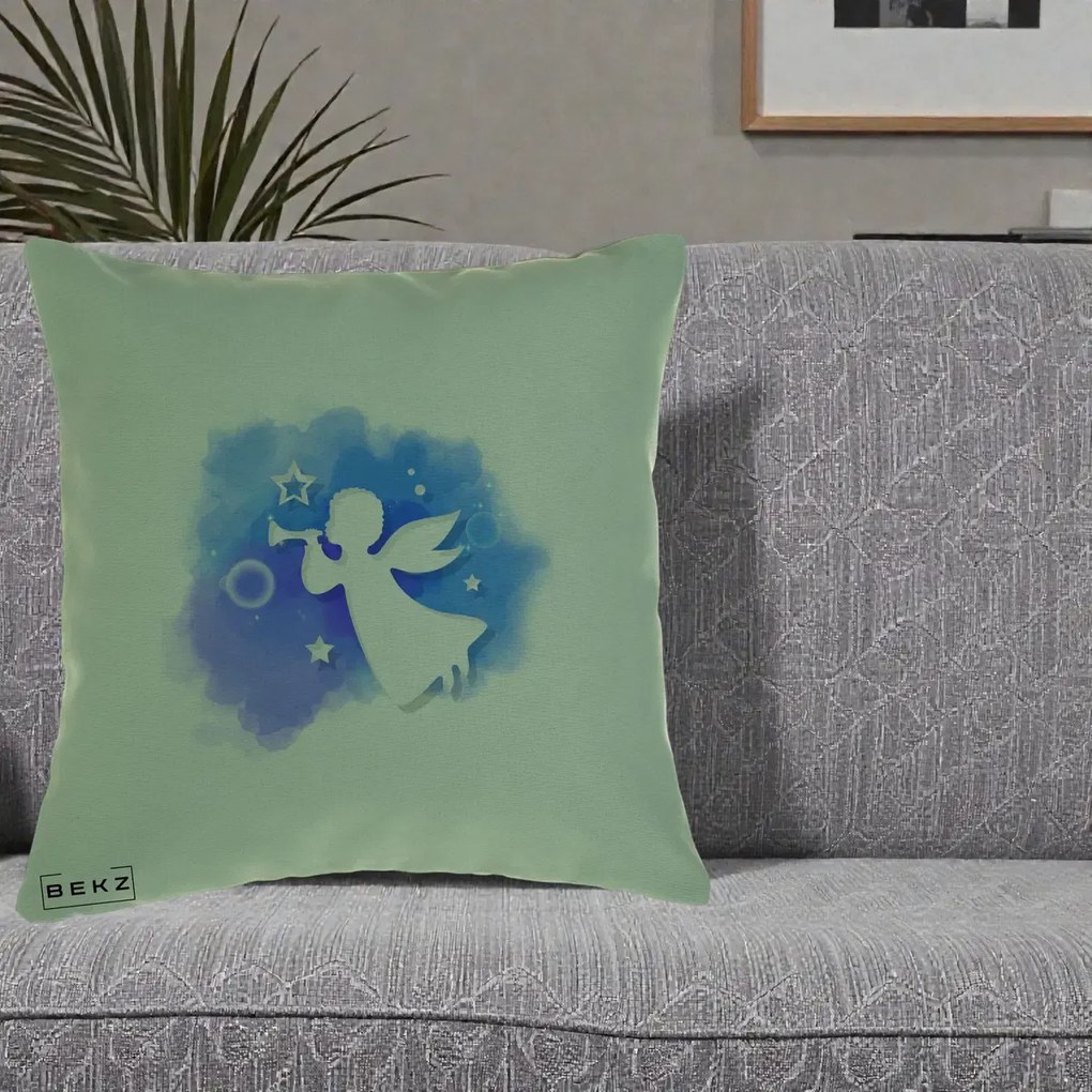 Perna Decorativa Inger cu Trompeta Albastru, 40x40 cm, Verde, Husa Detasabila, Perna Inclusa, BEKZ®