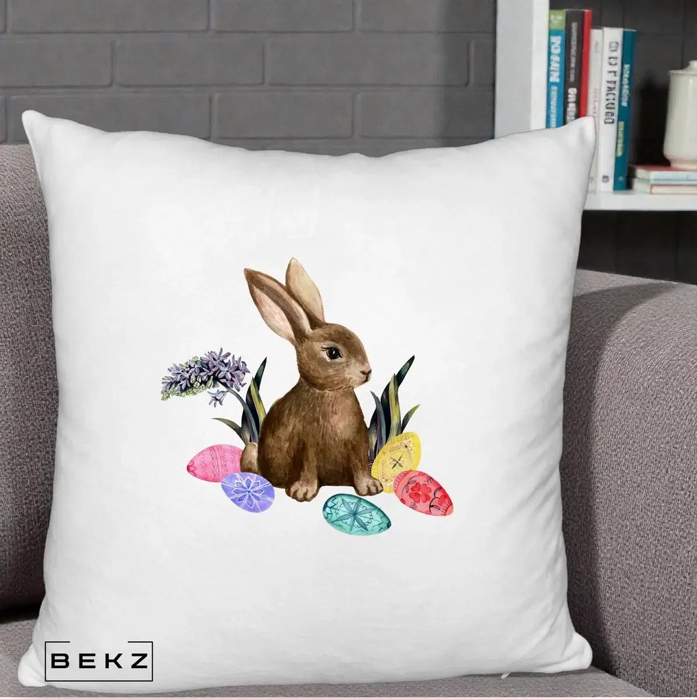 Perna Decorativa Iepuras cu Oua de Pasti Acuarela, 40x40 cm, Alb Pufos, Husa Detasabila, Perna Inclusa, BEKZ®