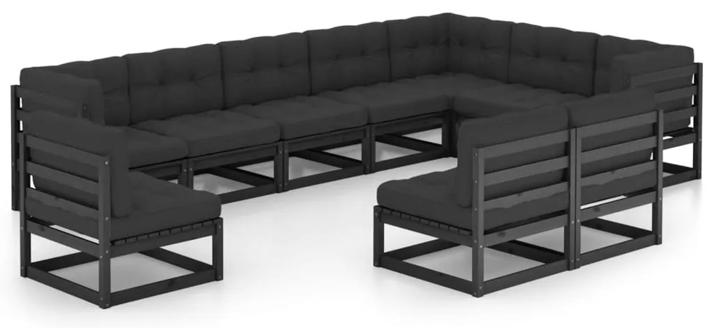 vidaXL Set mobilier grădină cu perne, 10 piese, negru, lemn masiv pin