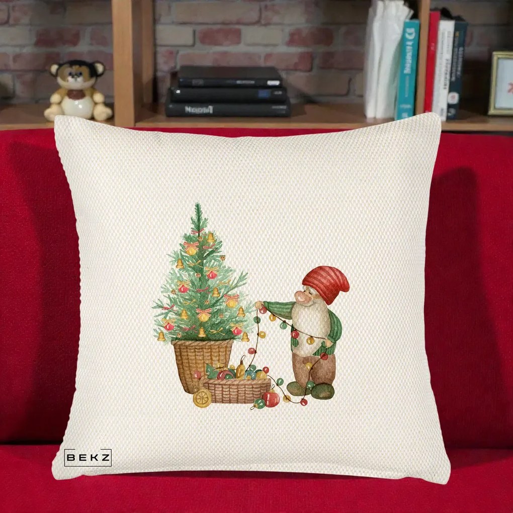 Perna Decorativa Pitic de Craciun cu Brad, 40x40 cm, Crem Reliefat, Husa Detasabila, Perna Inclusa, BEKZ®