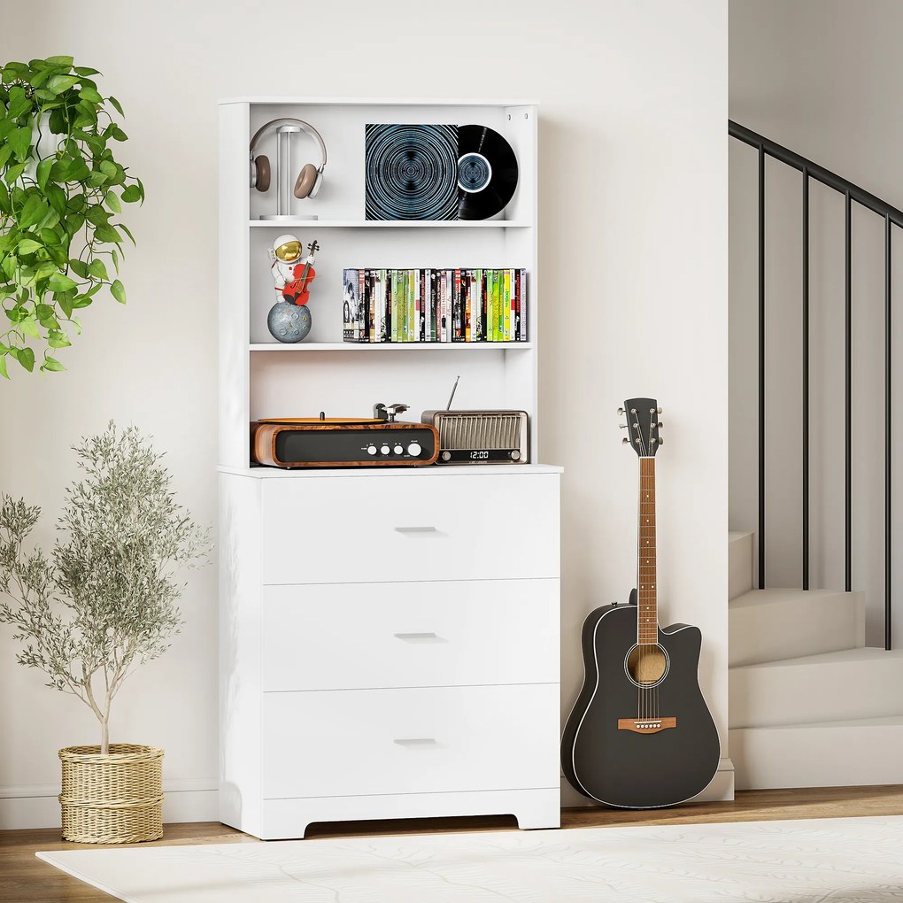 Bibliotecă HOMCOM cu 3 rafturi deschise și 3 sertare, din lemn, 79x39.5x182.2 cm, Alb | Aosom Romania