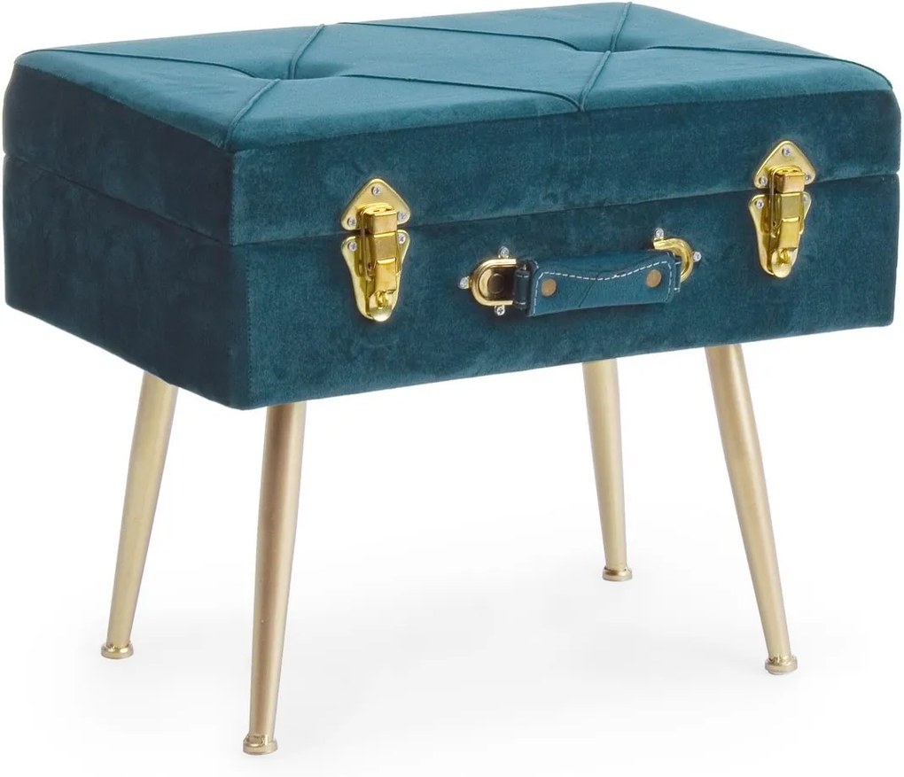 Taburet cu spatiu depozitare tapiterie velur albastru cu picioare fier auriu Polina 50 cm x 34 cm x 42 h