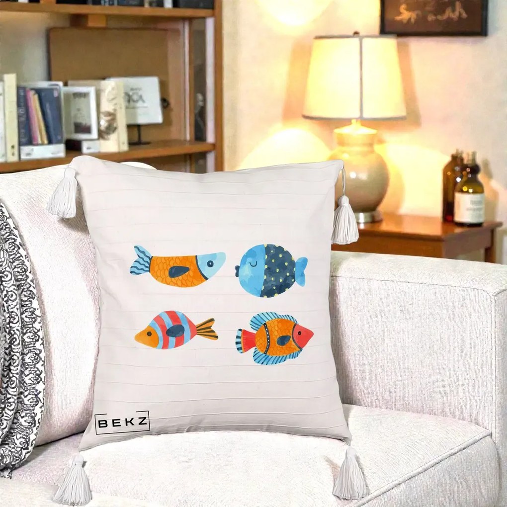 Perna Decorativa Pesti Acuarela, 40x40 cm, Bej cu Franjuri, Husa Detasabila, Perna Inclusa, BEKZ®