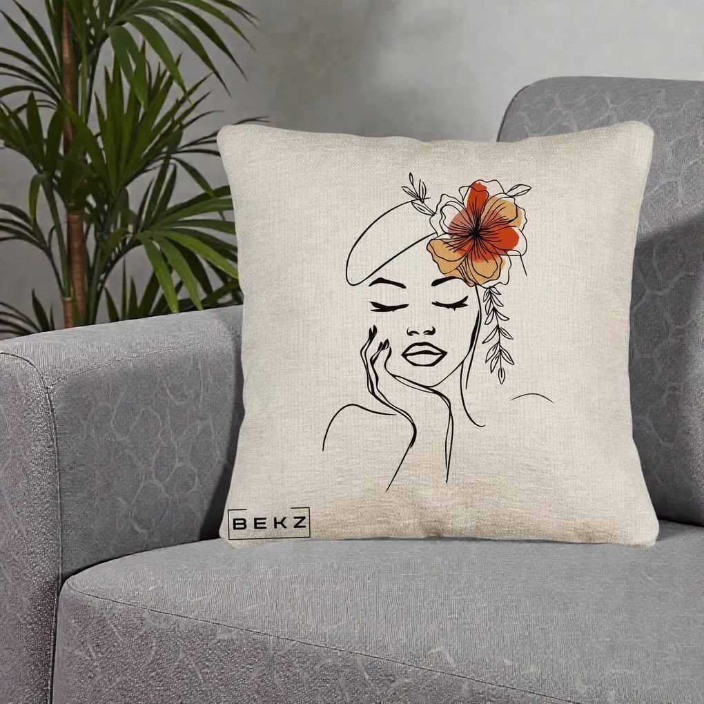 Perna Decorativa Portret Feminin Flori Palarie, 40x40 cm, Bej Canapea, Husa Detasabila, Perna Inclusa, BEKZ®