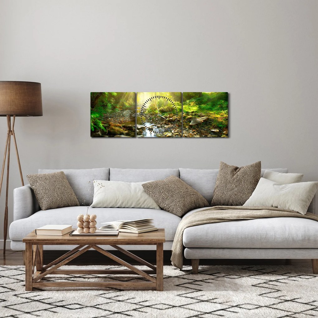 Tablou cu râul în pădurea verde (cu ceas) (90x30 cm)