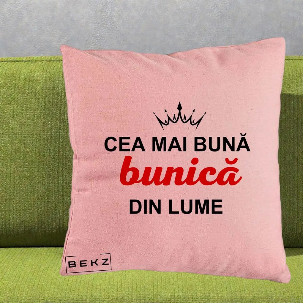 Cadou pentru Bunica - Perna Personalizata Cea Mai Buna Bunica Din Lume Coroana Neagra, 40x40 cm, Roz, Husa Detasabila, Perna Inclusa, BEKZ®
