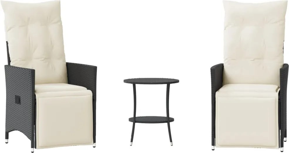 vidaXL Set bistro cu perne, 3 piese, negru, poliratan