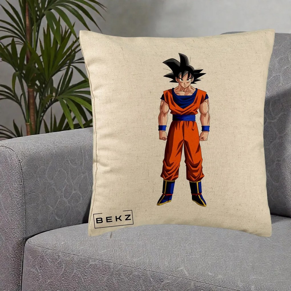 Perna Personalizata Dragon Ball Goku Complet in Gi Portocaliu, 40x40 cm, Bej, Husa Detasabila, Perna Inclusa, BEKZ®
