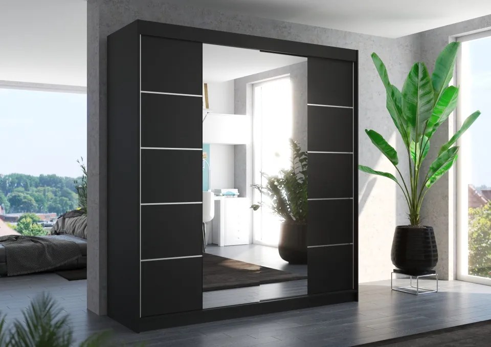 Dulap cu uși glisante DALMATIA – cu oglindă – 200x58x215 cm – Negru