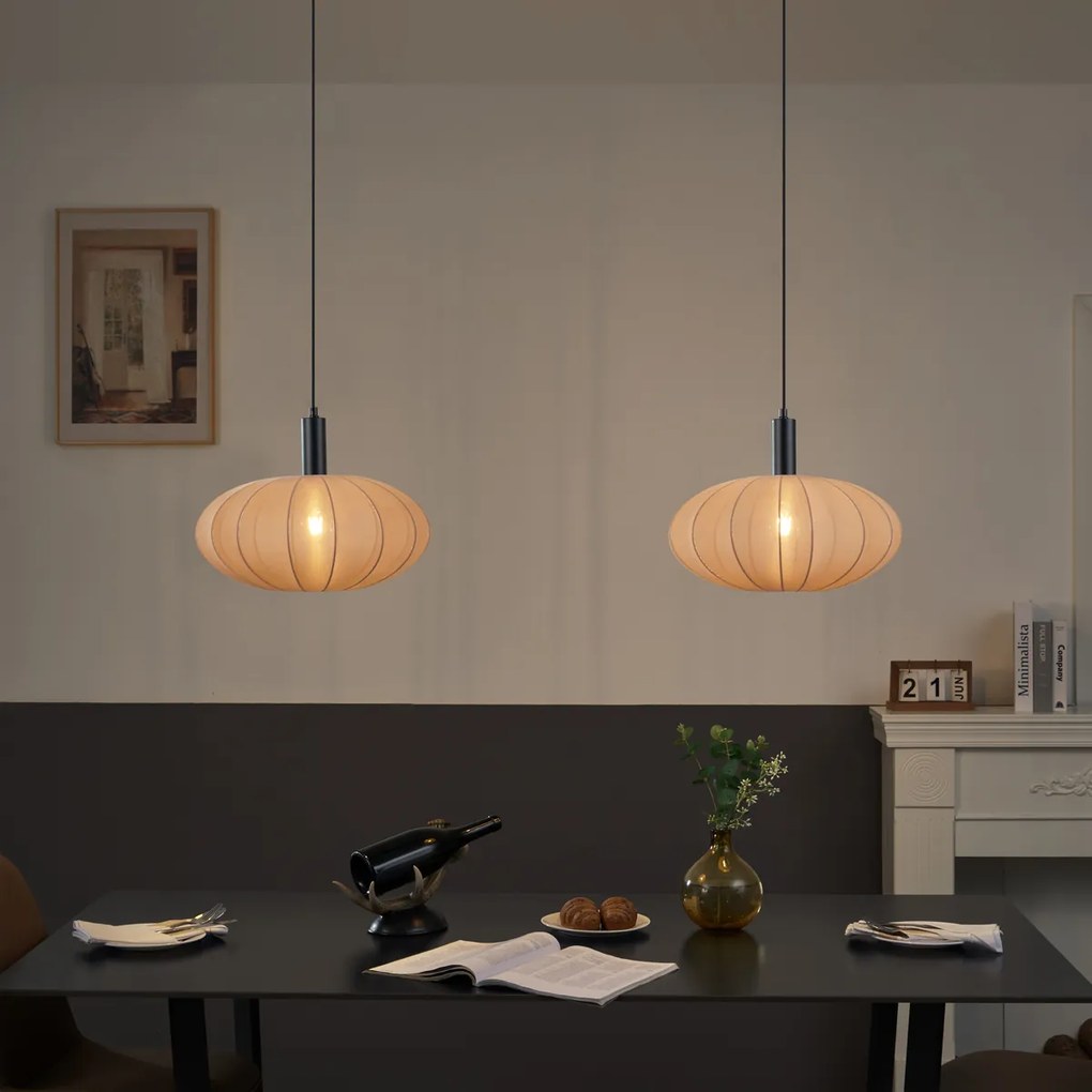 Lampă suspendată Japandi neagră cu abajur maro din material textil cu 2 lumini - Bida