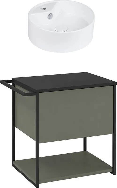 Set dulap baza suspendat Krofam Lov verde-negru 60 cm blat negru cu lavoar 38 cm