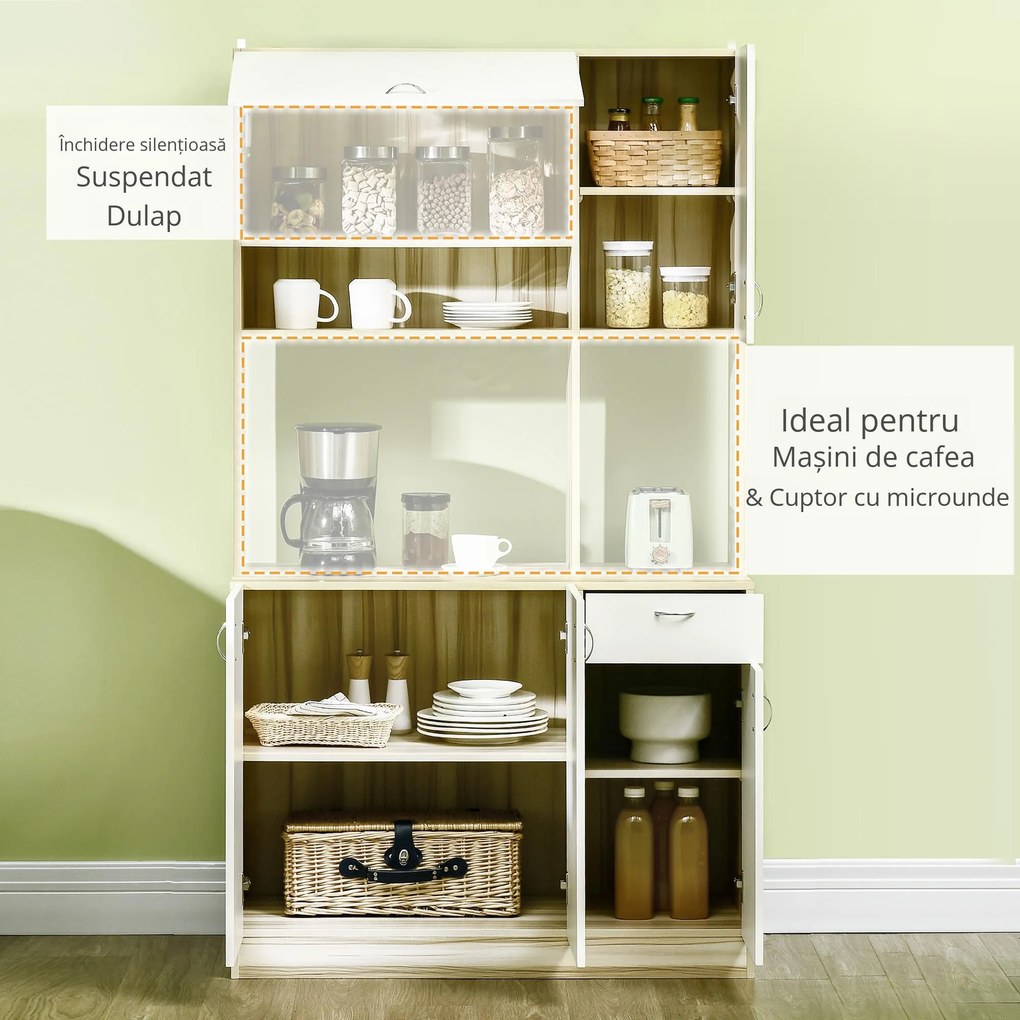 HOMCOM Dulap Bucătărie Multifuncțional 4 Uși 3 Dulapuri Sertar Raft Aglomerat 102x48x180cm Alb Lemn | Aosom Romania