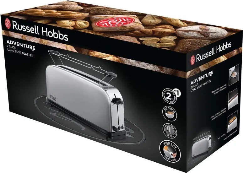 Prajitor de paine Russell Hobbs Adventure Oxford 21396-56, 1200 W, 2 felii, 1 compartiment, 6 trepte de prajire, Tava pentru firimituri, Otel inoxidabil