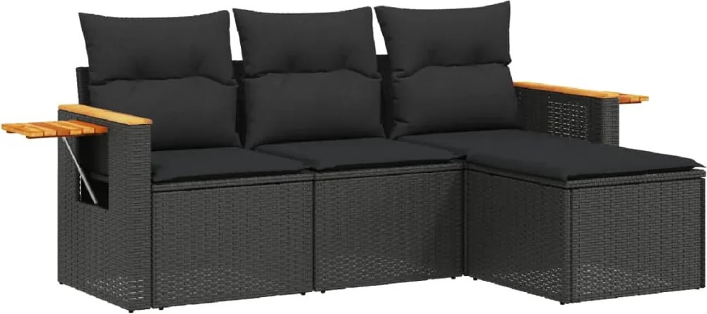 vidaXL Set mobilier de grădină cu perne, 4 piese, negru, poliratan