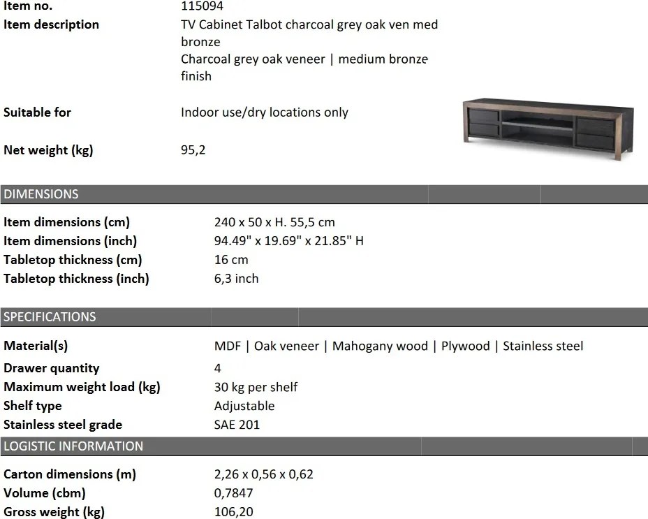 Comoda TV design LUX Talbot furnir gri carbune/ medium bronze