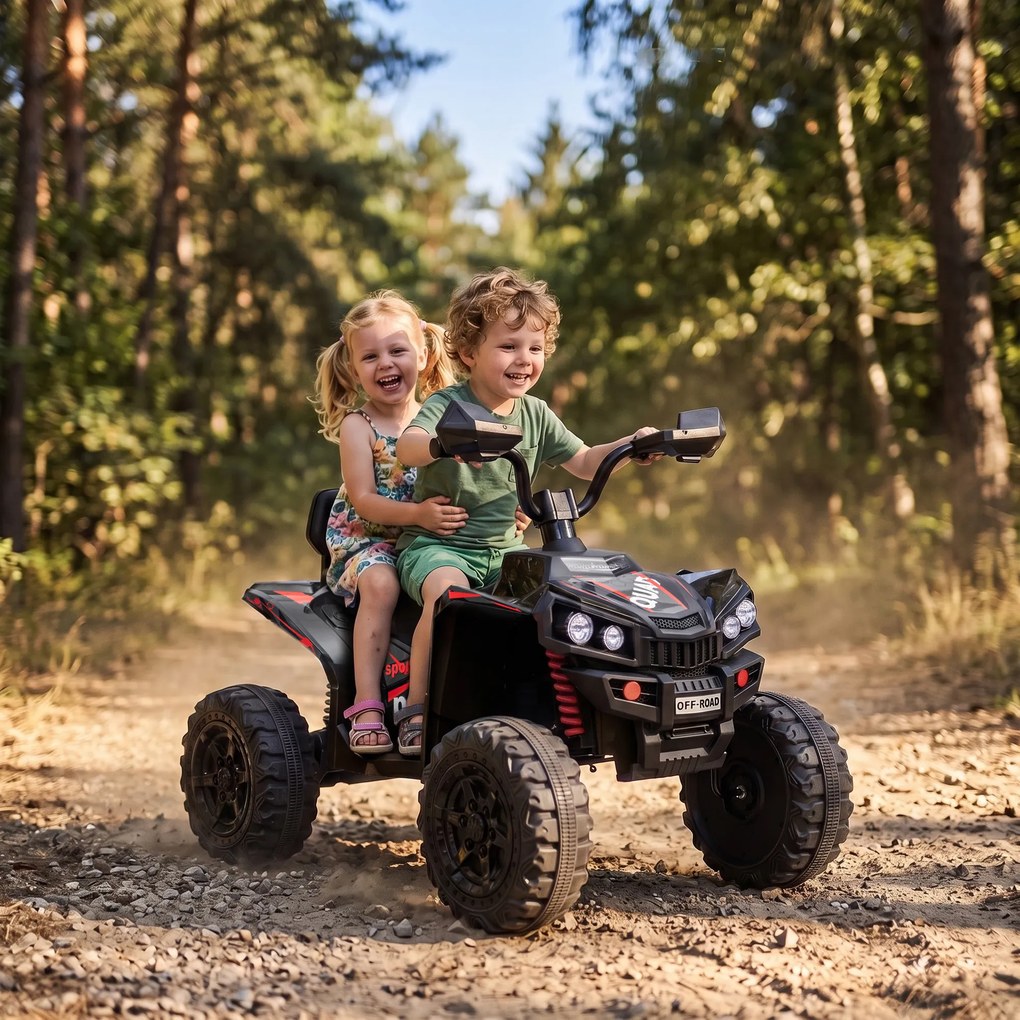 AIYAPLAY ATV electric pentru copii 24V, 2 locuri, baterie litiu, 2 motoare 120W, suspensii, muzică, faruri, negru | Aosom Romania