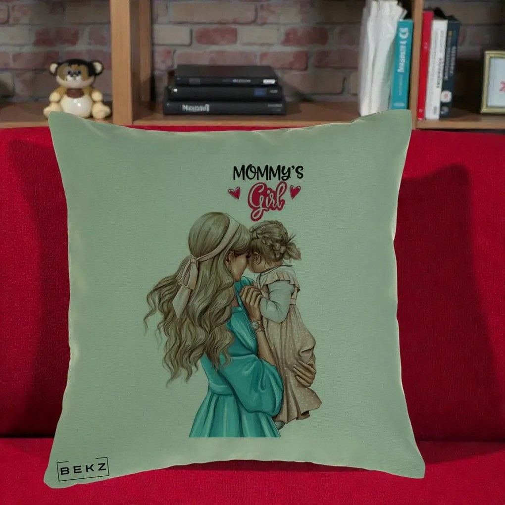Cadou pentru Mama - Perna Personalizata Mommy's Girl Mama si Fetita, 40x40 cm, Verde, Husa Detasabila, Perna Inclusa, BEKZ®