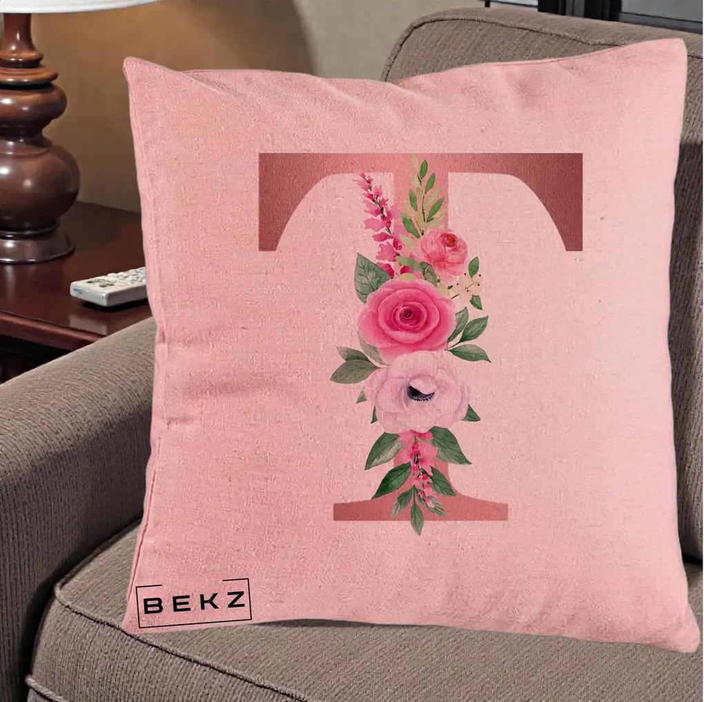 Cadou Personalizat - Perna Personalizata Monograma Rose Gold Litera T, 40x40 cm, Roz, Husa Detasabila, Perna Inclusa, BEKZ®
