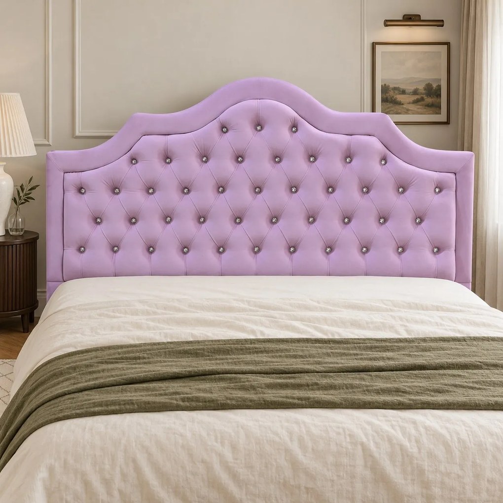 Pat tapițat Chesterfield din catifea Imperio Deluxe 140×200 cm, lila, cu ladă de depozitare