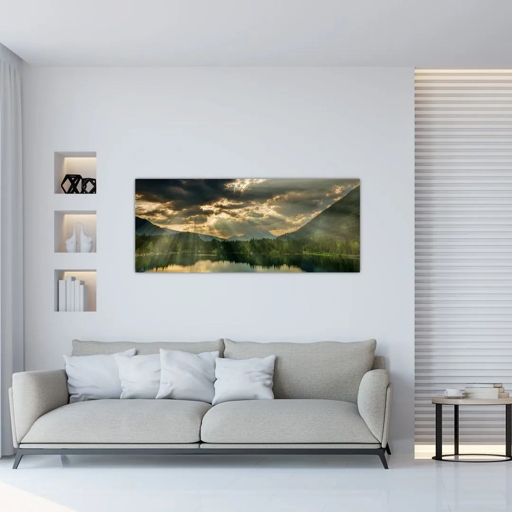 Tablou cu lac și soarele translucid (120x50 cm)