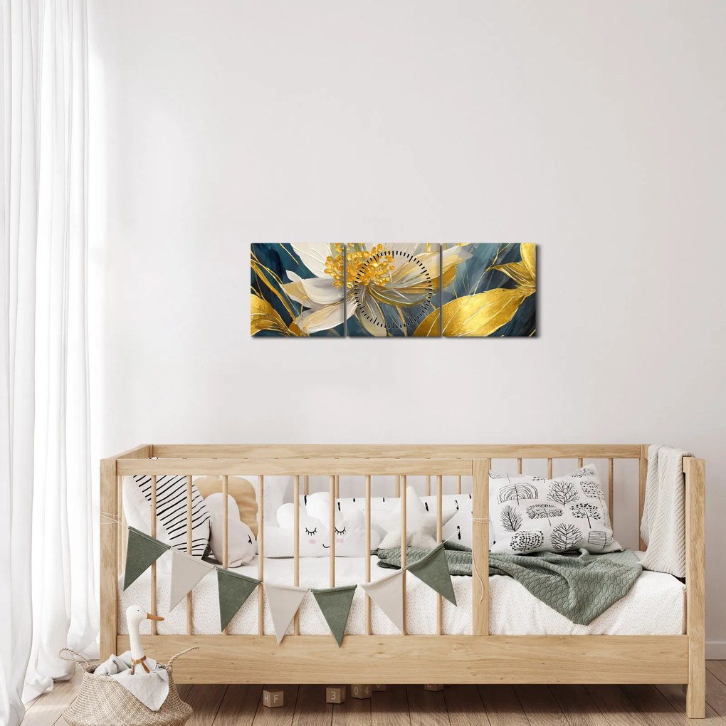 Tablou - Pictura de flori de aur (cu ceas) (90x30 cm)