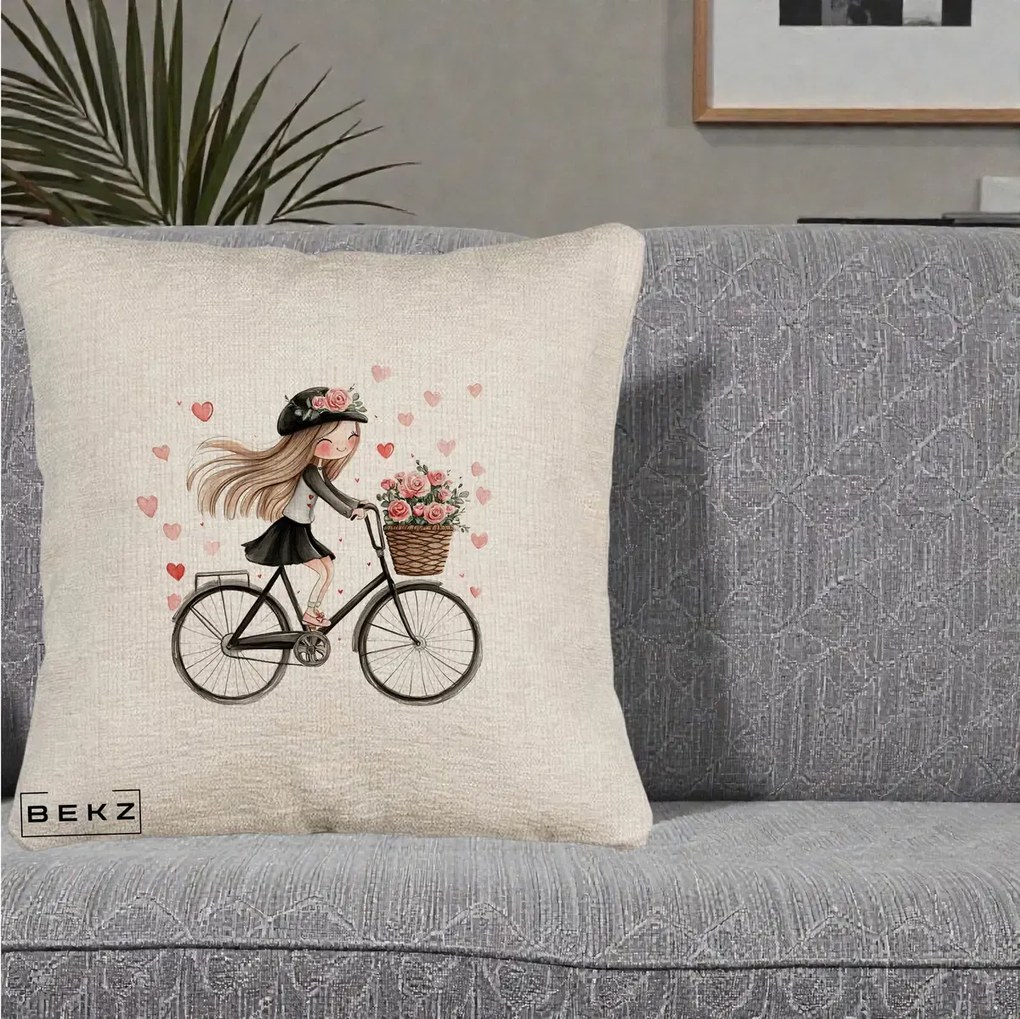Perna Decorativa Fetita Kawaii pe Bicicleta cu Trandafiri si Inimioare, 40x40 cm, Bej Canapea, Husa Detasabila, Perna Inclusa, BEKZ®