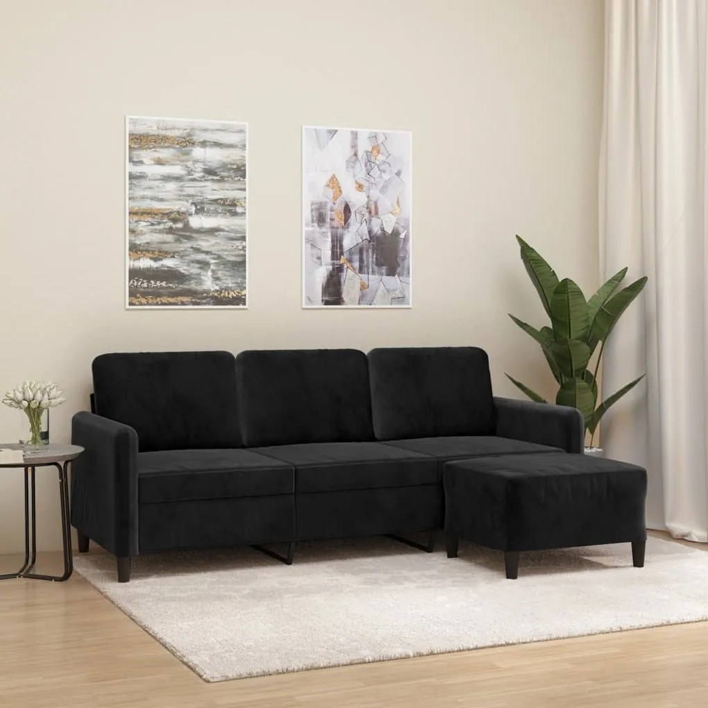 3153572 vidaXL Canapea cu 3 locuri și taburet, negru, 180 cm, catifea