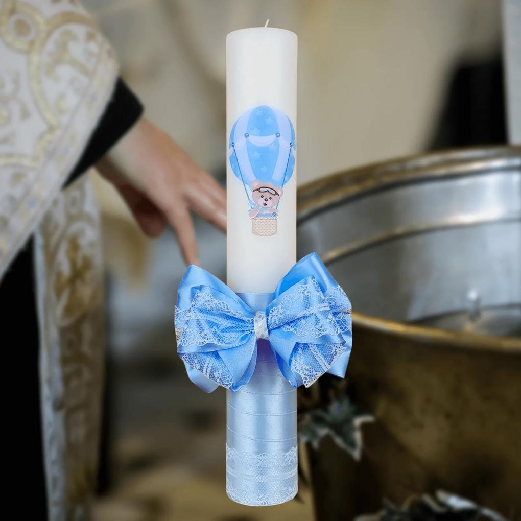Lumanare botez decorata Balon albastru 7 cm, 30 cm