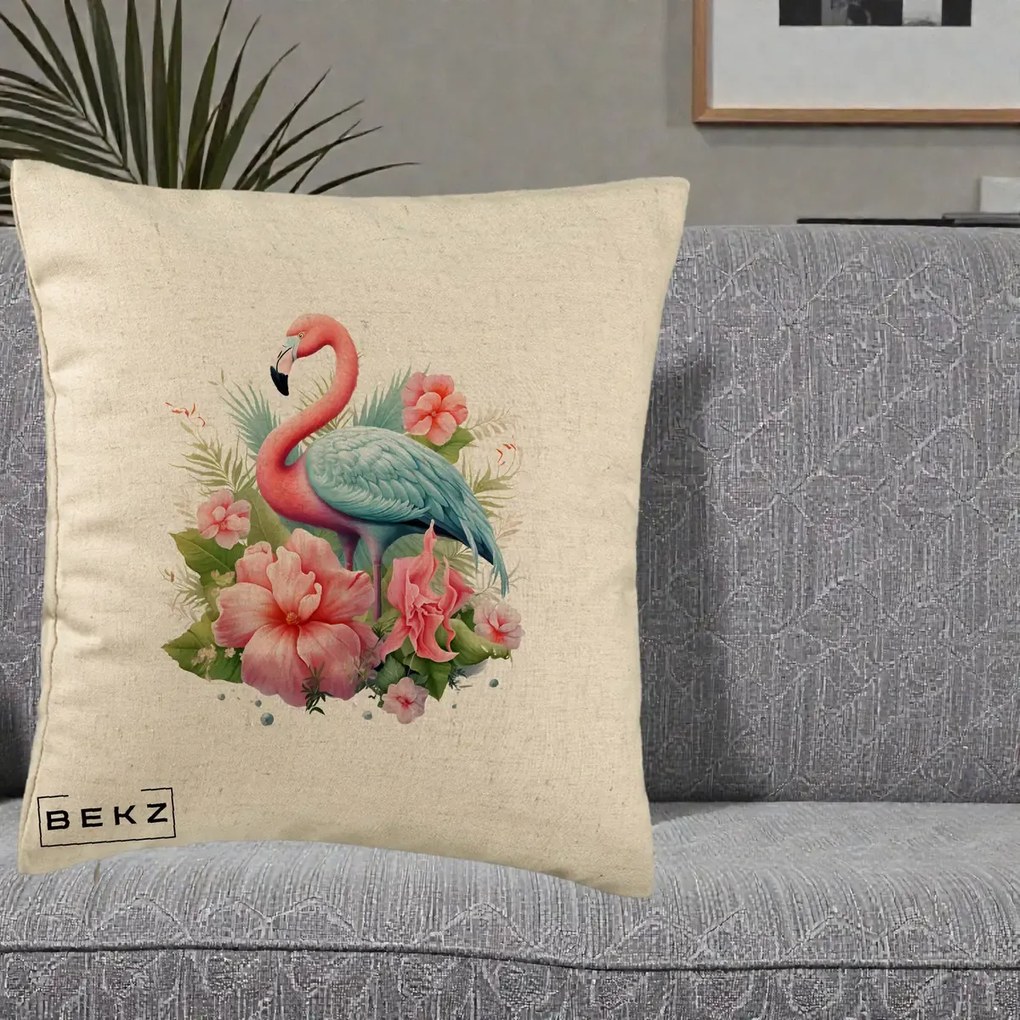 Perna Decorativa Flamingo cu Hibiscus Tropical, 40x40 cm, Bej, Husa Detasabila, Perna Inclusa, BEKZ®