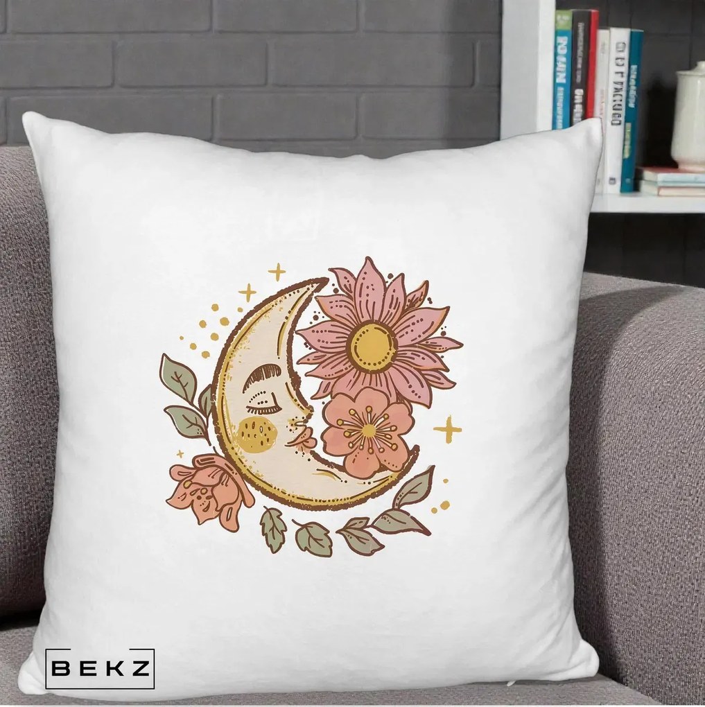 Perna Personalizata Luna Boho Chip Floral, 40x40 cm, Alb Pufos, Husa Detasabila, Perna Inclusa, BEKZ®