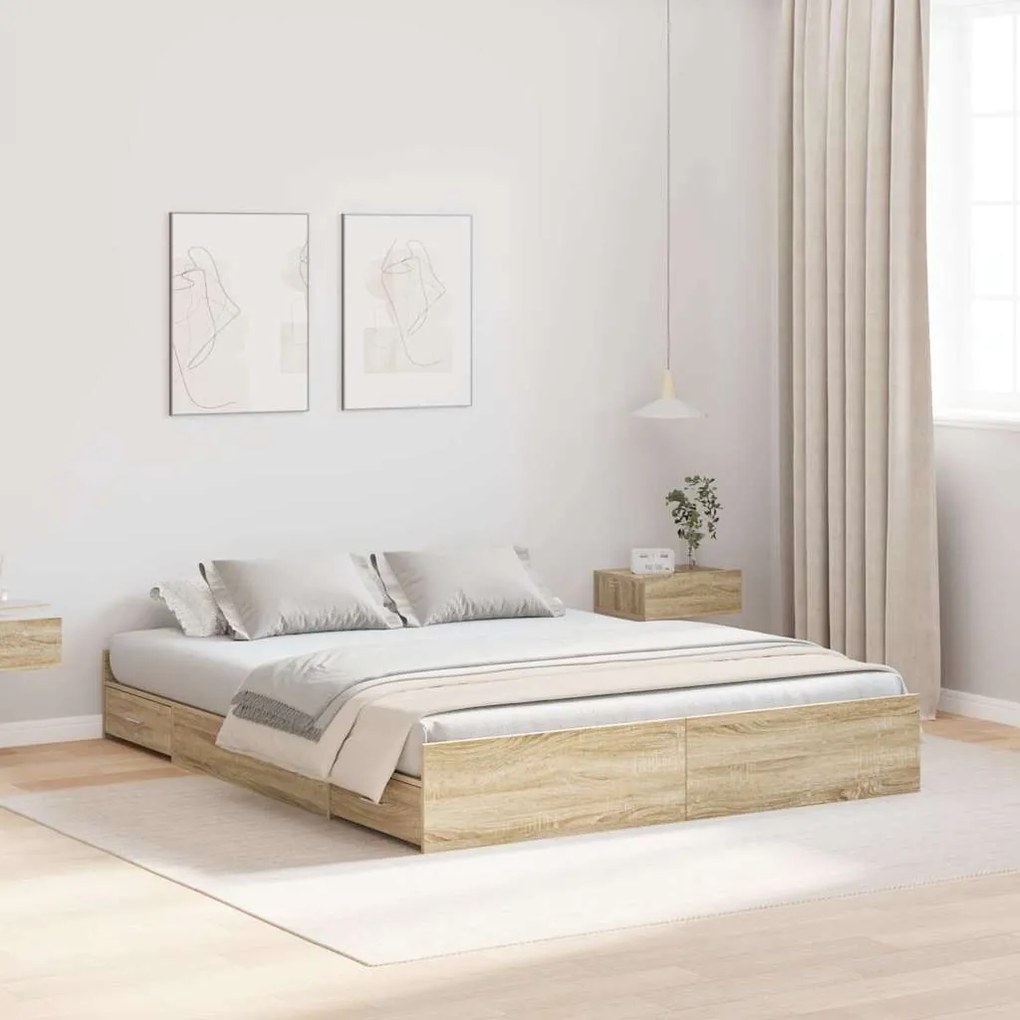 vidaXL Cadru de pat cu depozitare Stejar sonoma 135 x 190 cm Melamină