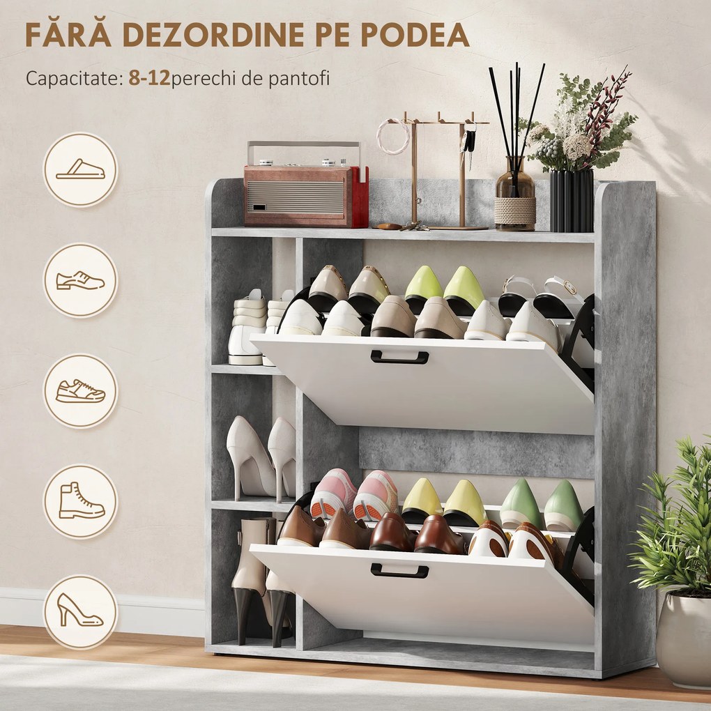 HOMCOM Dulap pentru pantofi slim cu 2 sertare rabatabile, Capacitate 15 perechi de pantofi, 83x24x90.5 cm, Gri | Aosom Romania