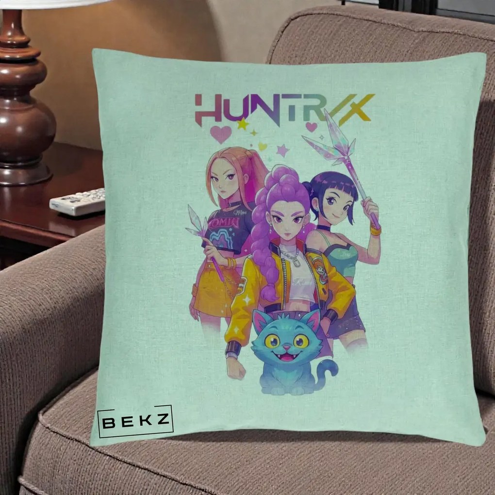 Perna Personalizata K-pop HUNTRX Trio Foto cu Pisica, 40x40 cm, Verde Menta, Husa Detasabila, Perna Inclusa, BEKZ®
