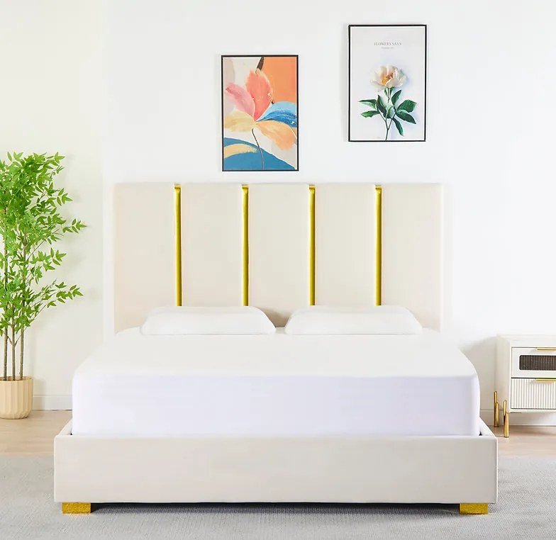 Pat Tapitat Catifea Bej 160x200 cm cu Somiera si Saltea  Inclusa ,   Cod LB-214