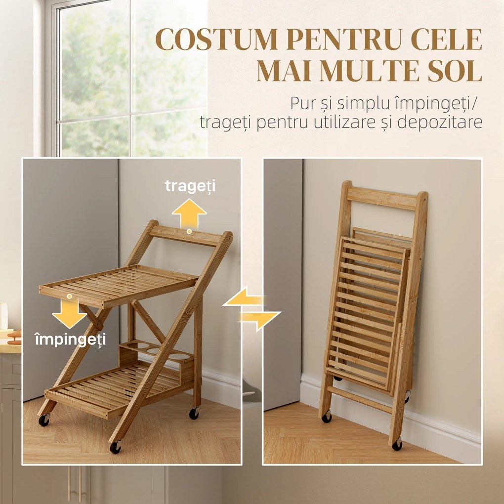HOMCOM Cărucior Portavivande Pliabil de Bucătărie cu 2 Nivele și Suport pentru Sticle | Aosom Romania
