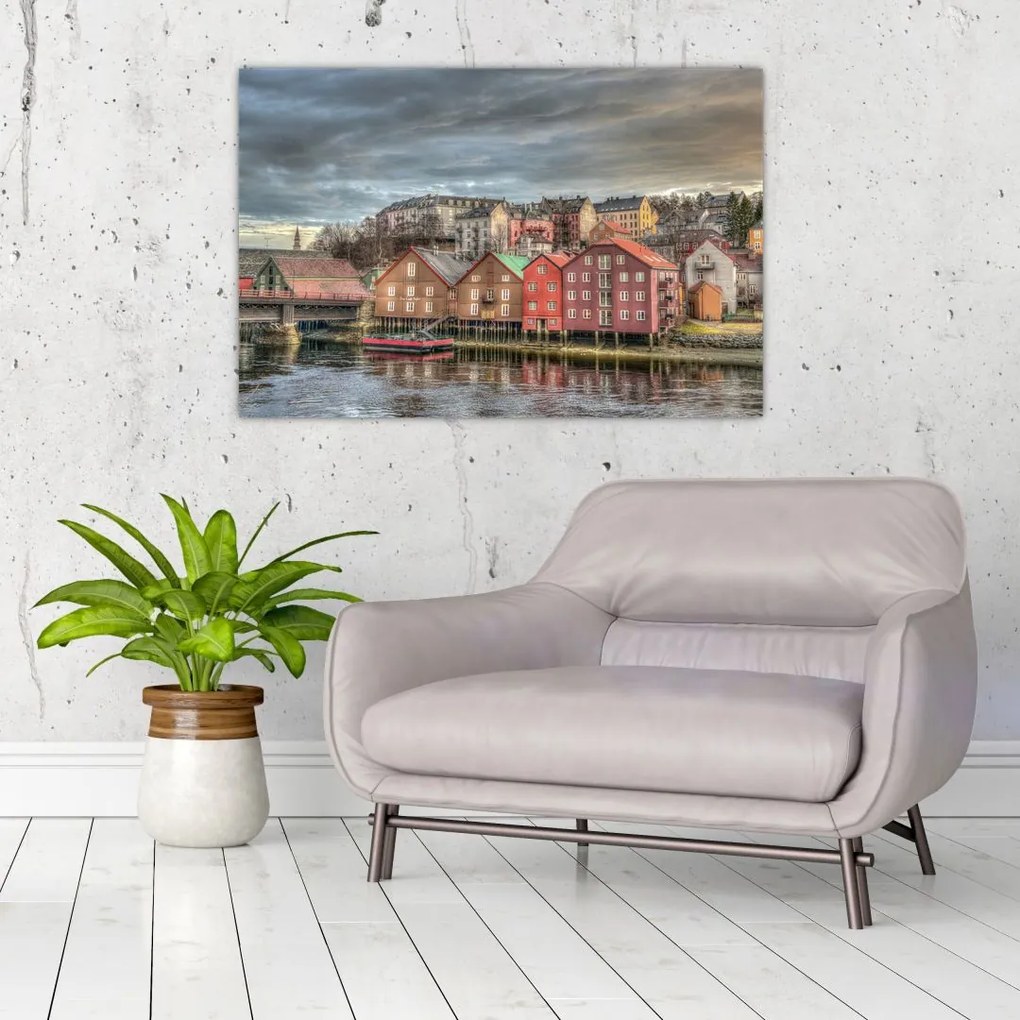 Tablou - Case lângă râu (90x60 cm)