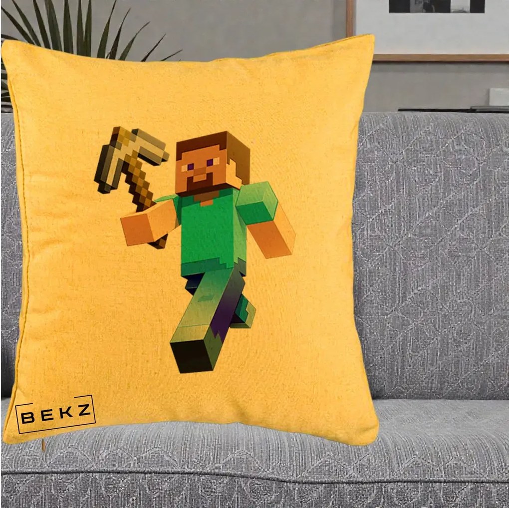 Perna Personalizata Minecraft Steve cu Tarnacop, 40x40 cm, Galben, Husa Detasabila, Perna Inclusa, BEKZ®