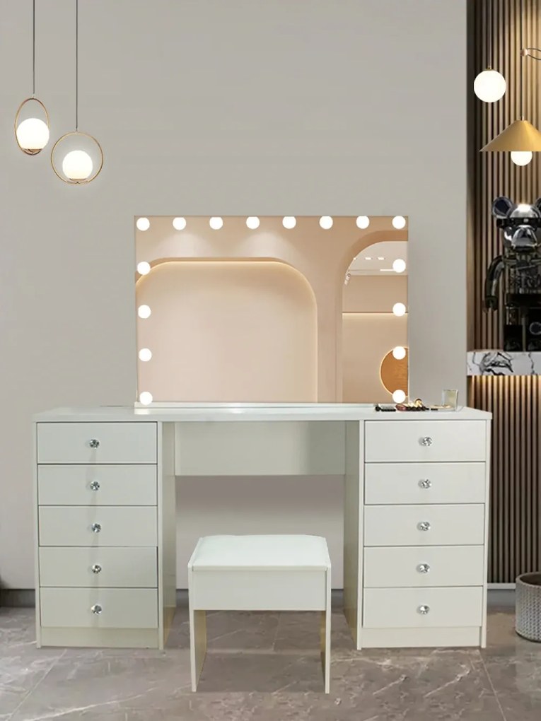 Set VENUS – Masă de Toaletă pentru Machiaj, Oglindă Iluminată LED, Control Touch, Incarcare USB, 10 sertare, Alb