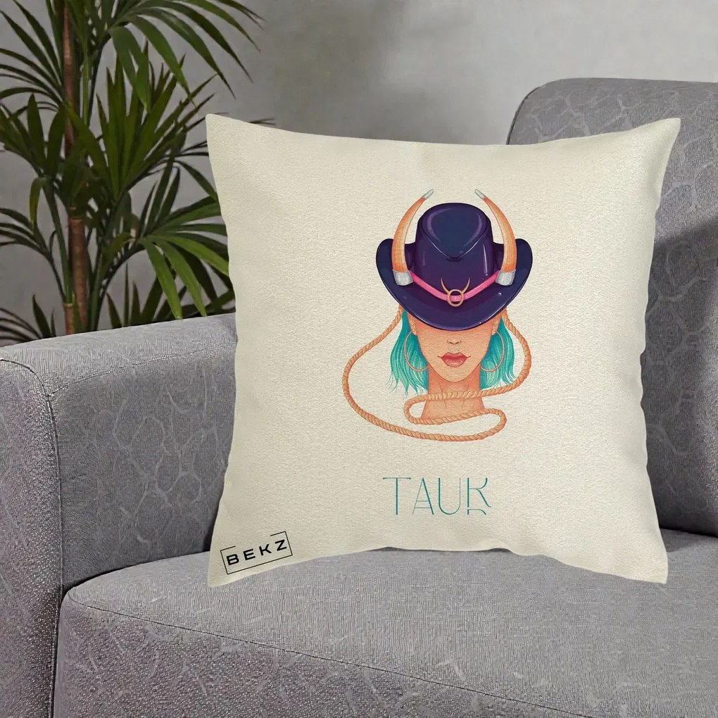 Perna Personalizata Zodie Taur, 40x40 cm, Ecru, Husa Detasabila, Perna Inclusa, BEKZ®