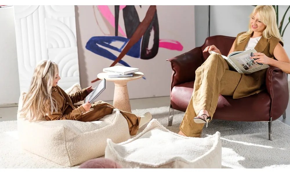 Fotoliu puf pentru copii crem cu tapițerie din țesătură bouclé Square – Wigiwama