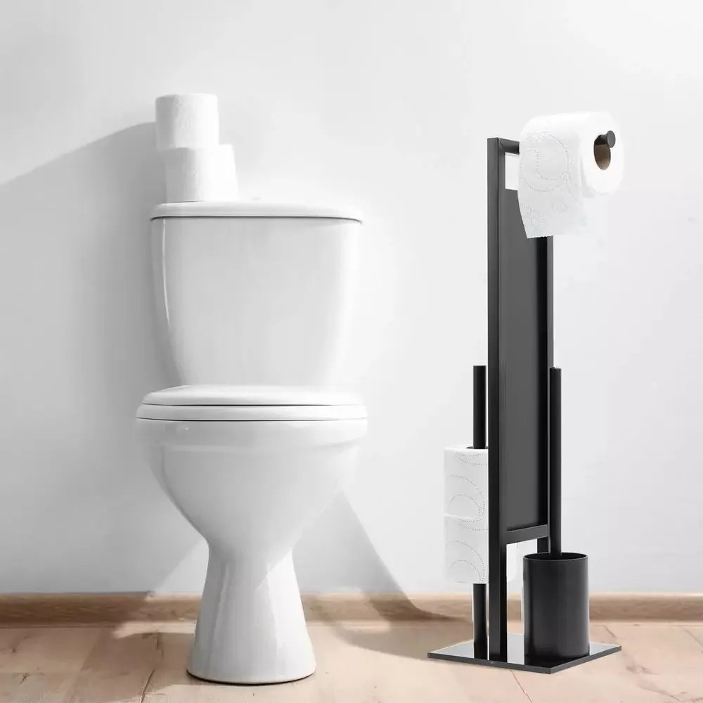 Suport hartie igienica Rea cu spatiu rezerve si perie WC negru mat