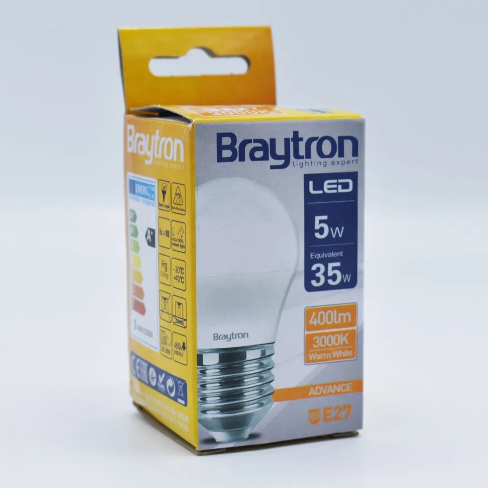 Bec LED 5W(35W) Braytron, G45, E27, 450 lm, lumina calda (3000 K), clasa energetica F