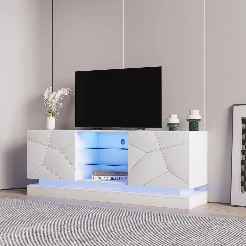 Comoda TV Moderno Lucios cu Raft de Sticlă Reglabil și Balamale Silențioase, Suport pentru TV până la 70 Inch, 160x38,5x60 cm, Alb