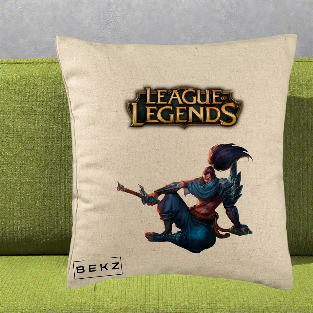 Perna Personalizata League of Legends Yasuo, 40x40 cm, Bej, Husa Detasabila, Perna Inclusa, BEKZ®