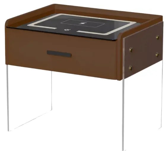 Noptieră inteligentă cu &icirc;ncărcare wireless, iluminare LED, 1 sertar de depozitare &ndash; maro, design modern din sticlă și lemn