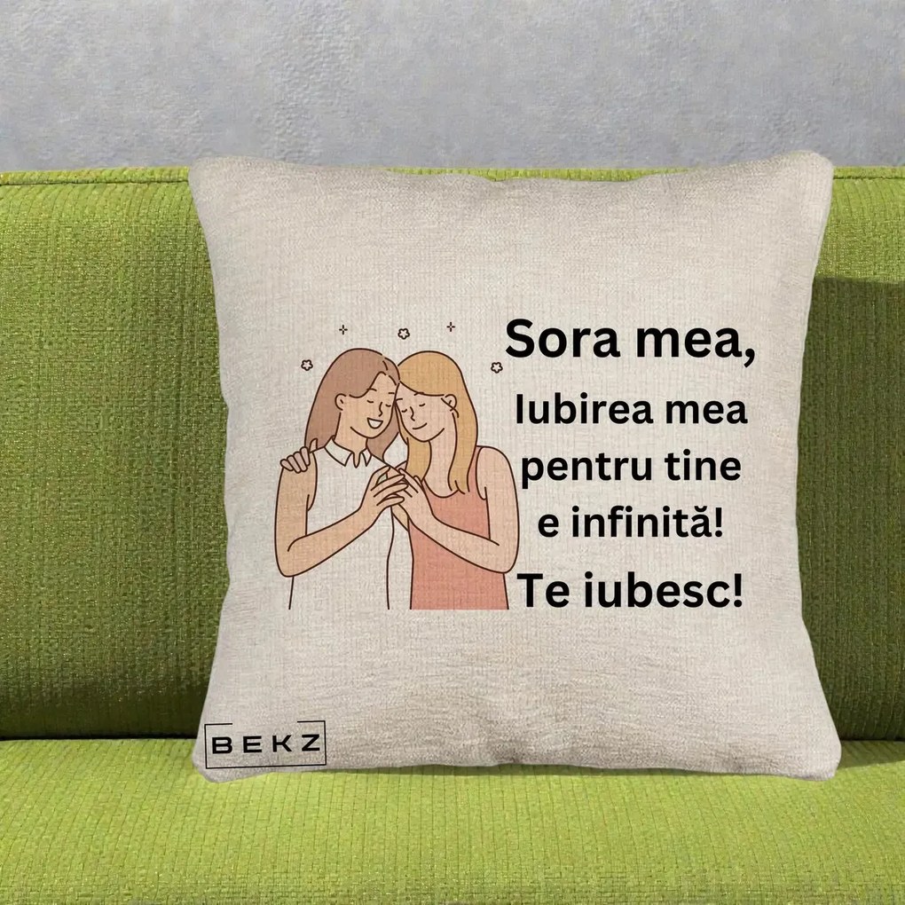 Cadou pentru Sora - Perna Personalizata Sora Mea Te Iubesc Imbratisare cu Sclipiri, 40x40 cm, Bej Canapea, Husa Detasabila, Perna Inclusa, BEKZ®