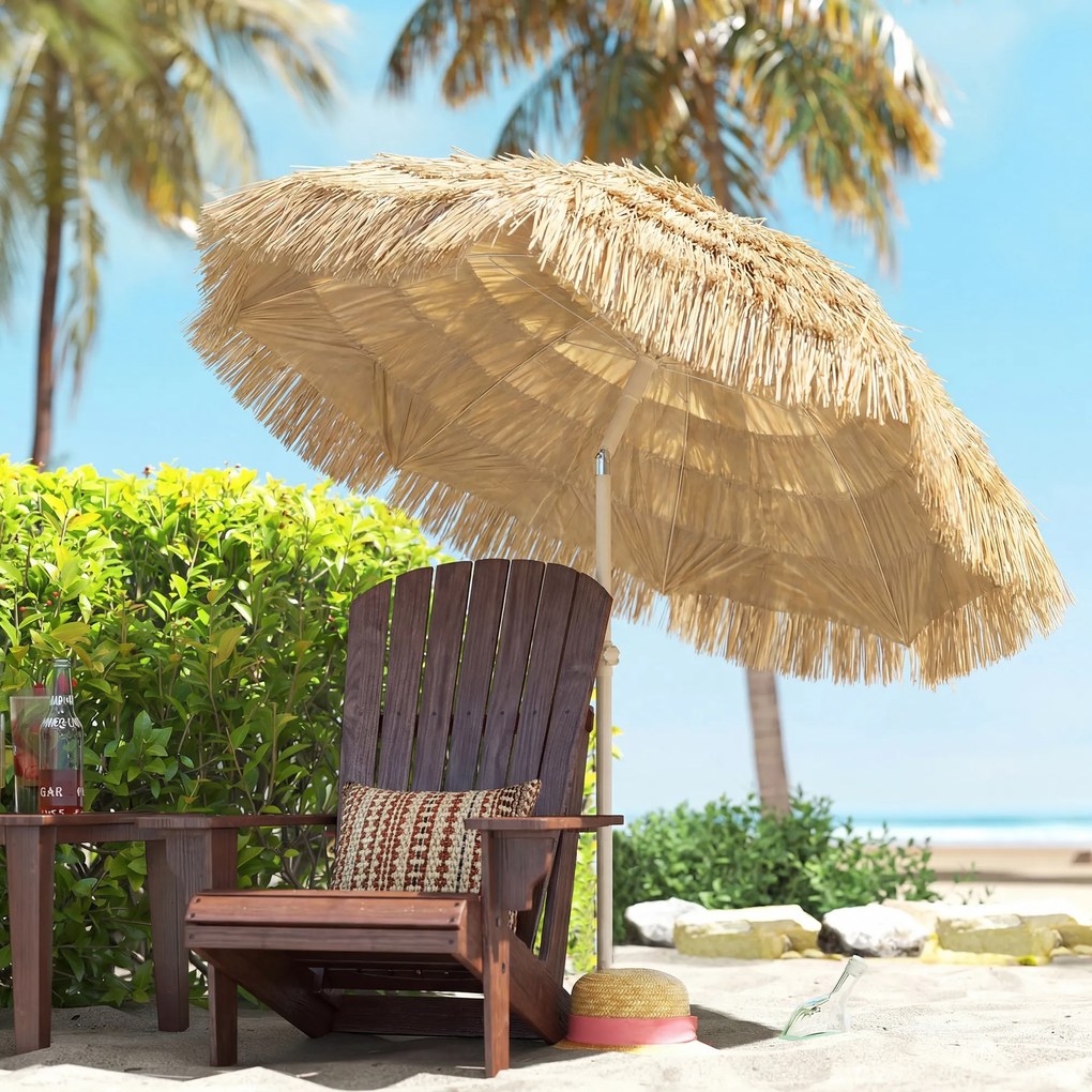 Outsunny 150 cm Umbrelă Hula cu acoperiș din paie Tiki pentru plajă și grădină, cu ancoră pentru nisip, înălțime reglabilă și funcție de înclinare, umbrelă de soare cu acoperiș din paie | Aosom Romania