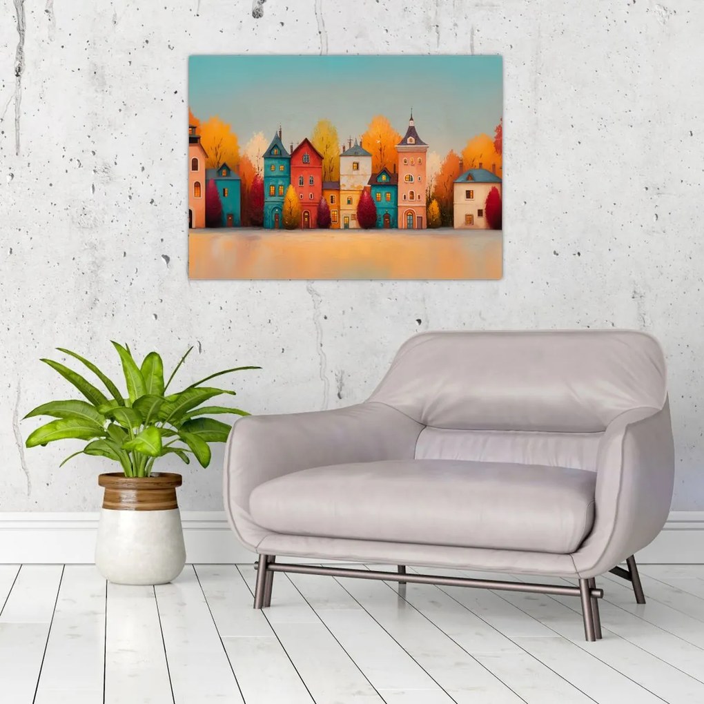 Tablou pe sticlă - Sat de toamnă (70x50 cm)