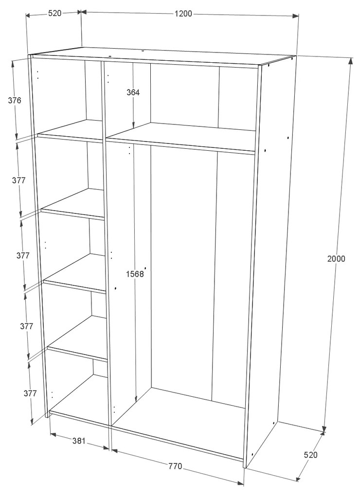 Dulap Malmo, 3 Usi, Stejar Alb/Antracit, 120 x 52 x 200 cm