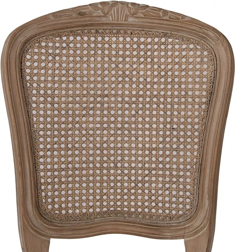 Scaun dining tapițat shabby chic din lemn, ratan și stofă, bej, cu spătar cannage și picioare cambrate sculptate, 95 x 52 x 49 cm, „Fleurette”